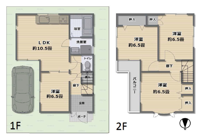 【間取り】 | 八尾市萱振町7丁目 | 2階建て【全洋室4LDK＋カースペース】室内リフォーム済み☆省エネ給湯器（エコキュート）新設☆バス追炊機能・浴室乾燥機完備☆全居室6.5帖♪屋根裏収納付きです♪