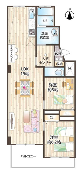 【間取り】 | 長吉コーポ2号棟 | 【全洋室2LDK＋南向きバルコニー☆】室内水廻り設備一新！建具新調、全面リフォーム済み☆LDK約19帖！システムキッチン☆バス追炊機能付き☆シャンプードレッサー☆室内洗濯機置場・TVモニターホン完備☆