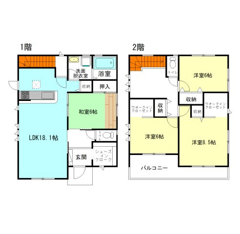 【間取り】 | リーブルガーデン.S渋川市第13八木原ー⑤ | 全居室6帖以上のゆったり間取り！
家族と自然に顔合わせできるリビングアクセス階段！
ウォークインクローゼット2ヵ所完備！
