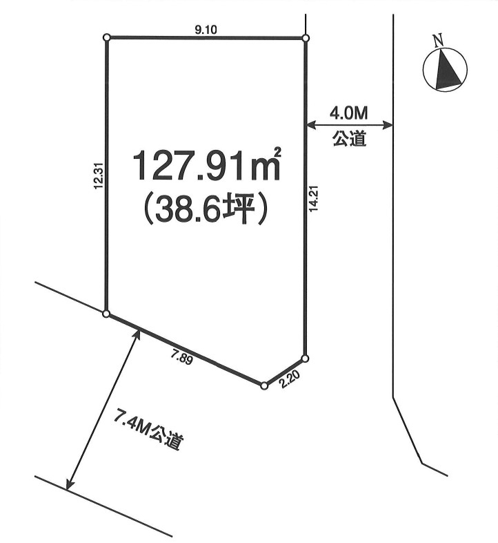 敷地面積38坪　売地　川越市小室の土地図|区画図　敷地面積38.6坪！建築条件なし！お好きなハウスメーカーで建築できます♪
都市ガス・本下水　角地！