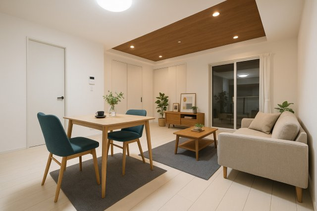 新築戸建　大東市三箇1丁目の居間・リビング|白を基調とした室内は、どんなインテリアにもマッチするナチュラルモダン仕様。