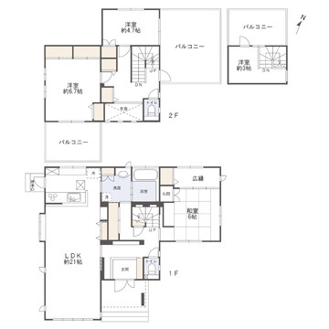 三次市畠敷町　一戸建ての間取り|南側、床暖房付きLDK約21帖！収納充実！バルコニーや広縁に面した居室で採光と風通しのよい間取りです