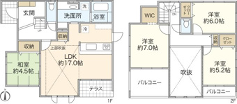 吹抜天井で明るくて開放感のあるリビング。WIC、折上げ天井、室内物干しのある主寝室。主寝室からはゆとりのあるインナーバルコニーへもアクセス可能。収納豊富で使い勝手の良い間取りです。