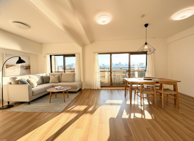 【居間・リビング】 | 【新規リフォーム】サーパス南千田橋 | ここはみんなが集い、食事と楽しい会話が始まる場所。話に夢中になりすぎて、ついつい時を忘れ、夜半過ぎになってしまう。そんな束の間の幸せを感じさせてくれます。