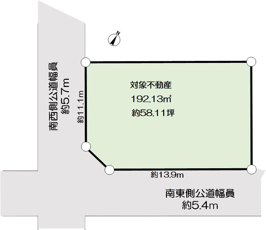 渦森台4丁目　土地の土地図|前面道路幅員　南西側5.7ｍ、南東側5.4ｍ