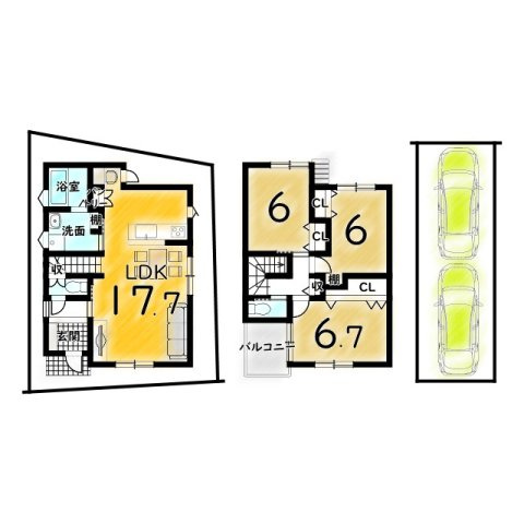 昆陽南３丁目　建築条件付き土地の土地図＋建物プラン例|間口広々７.５ｍ♪存在感のあるおうちを建築することができますね！