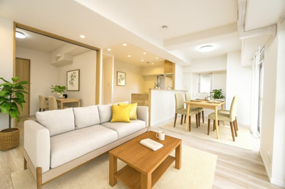 【居間・リビング】 | 【上質リノベ】サーパス沼田 | 【約15.9帖LDK】
今回のリノベーションスタイルは「ナチュラルモダン」
無駄のないシンプルなラインと、落ち着いた色調が特徴ですが、
どこかデザイナーズリノベのような感じにもなっています。