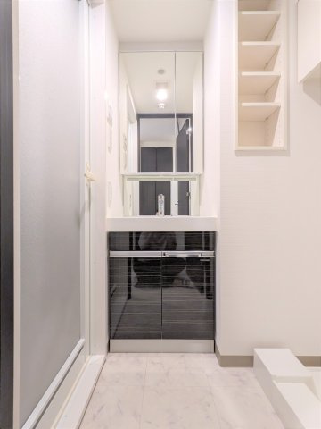 ケーディーエックスレジデンス豊洲の独立洗面台|独立洗面台、小物を置くことができて便利です