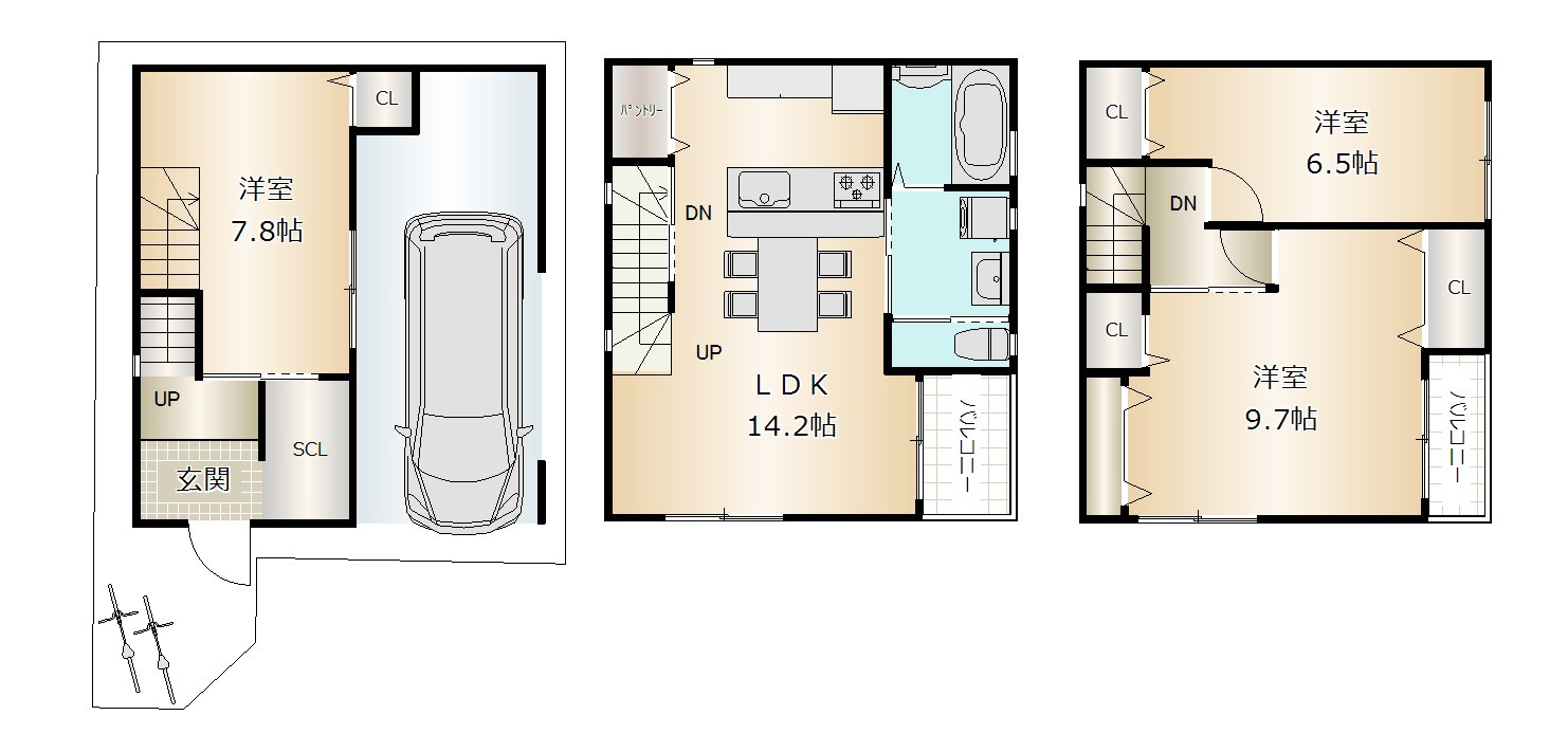 鶴見区鶴見2丁目中古戸建の間取り|中古戸建　3LDK　土地面積：53.53平米　建物面積：94.59平米　西向き