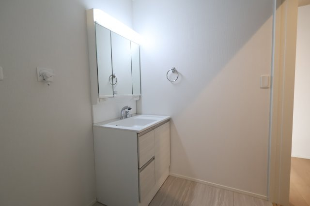 《仲介手数料無料》上尾市大字大谷本郷871-2(3号棟)新築一戸建てグラファーレの独立洗面台|撮影日 2025年11月28日 11:00 晴れ