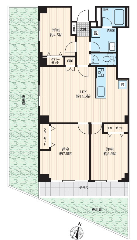 メゾンドール多摩川の間取り|【LDK　14.5帖】
【洋室　7.5帖】
【洋室　5.5帖】
【洋室　4.5帖】
専用庭もあり家庭菜園も可能です♪