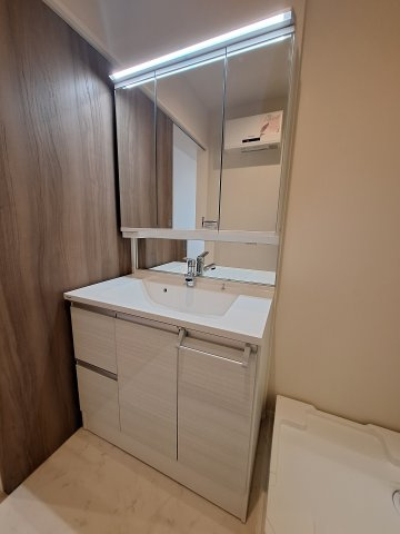 （シニア限定）サニーヒルズ湘南の洗面所|鏡面裏に収納あり/ホースヘッド