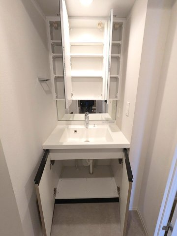 Urbanex新御徒町駅前の設備|トイレと独立した洗面室、三面鏡付ハンドシャワー付、鏡の後ろも収納です