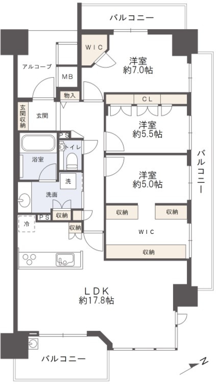 ライオンズ広島加古町の間取り|心地よい住空間を維持する収納が大大充実！三面バルコニーで開放的！2018年建築のキレイな一邸です。