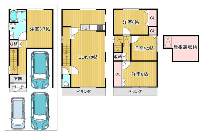 【間取り】 | 東大阪市南鴻池町2丁目 | 3階建【全洋室4LDK＋駐車3台可能】外壁塗装・水廻り設備一新！内外装全面リフォーム済み☆LDK広々19帖！食洗機・浴室乾燥機・TVモニターホン新調完備☆屋根裏収納付きです♪