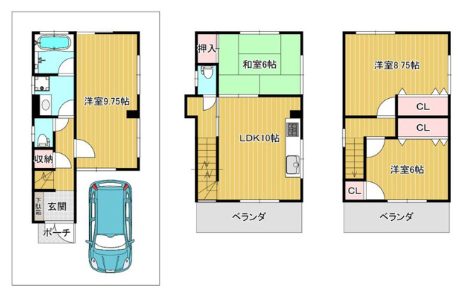 【間取り】 | 東大阪市高井田西1丁目 | 【4LDK＋車庫】室内リフォーム済み☆全居室6帖以上♪食洗機・浴室乾燥機・TVモニターホン完備☆トイレ2ヶ所♪ワイドバルコニー☆
