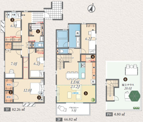 【参考プラン】 | LDK23.2帖+全居室6帖以上+主寝室12帖+屋上テラス20帖付5LDK（建物面積153.88平米）