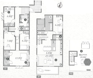 【参考プラン】 | LDK23帖+全居室6帖以上+主寝室12帖+屋上テラス20帖付5LDK（建物面積150.59平米、建物価格3880.8万円）