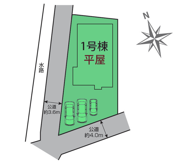 【区画図】 | ブルーミングガーデン前橋市下新田町ー① | 開放的な南西向き角地に面した敷地！
カースペースは並列3台駐車可能！