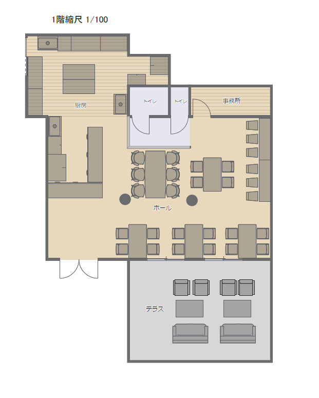 益子町店舗戸建の間取り|ホールは約38帖　家具付きです