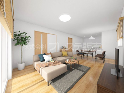 【居間・リビング】 | 大和郡山市東岡町の新築一戸建 全３区画 | 2 号地リビング完成イメージ／ＬＤＫは広々１８帖！南向きです♪※モデルハウスあり