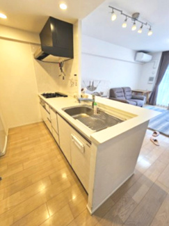 【キッチン】 | グランセンス吉川美南セントラルレジデンス | キッチンは壁の少ない対面式オープンキッチン　奥行最大300㎜のカウンターを採用した、とても使いやすいシステムキッチンです　また、生ゴミを溜めずに済む大変うれしいディスポーザーも採用しています