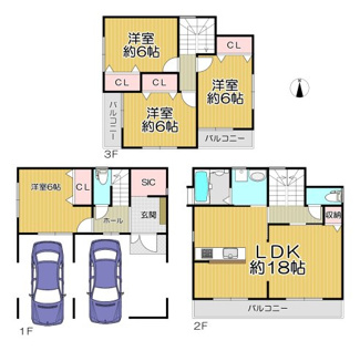 【参考プラン】 | 尼崎市食満6丁目売地　更地　建築条件無し | 参考プラン図：3階建　１F22.68㎡　2F43.74㎡　３F38.88㎡　合計105.30㎡　別途：車庫29.16㎡　建物価格：1，980万円（税込）