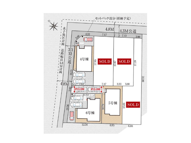 【区画図】 | 富士見市水子　新築一戸建住宅　全6棟　(ふじみ野店) | 4号棟/車種制限はありますが、お車3台駐車可が可能です。セカンドカーをお持ちの方やお車での来客が多い方にもオススメです。