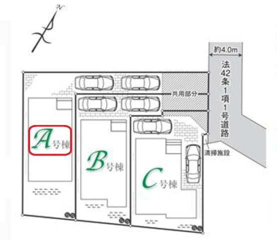入間市小谷田1丁目・全3棟　新築一戸建　A号棟の区画図|【全3棟・A号棟】カースペース縦列2台。