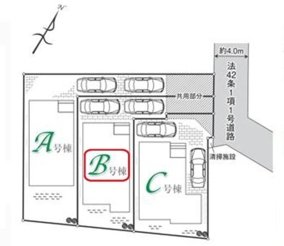入間市小谷田1丁目・全3棟　新築一戸建　B号棟の区画図|【全3棟・B号棟】カースペース縦列2台。