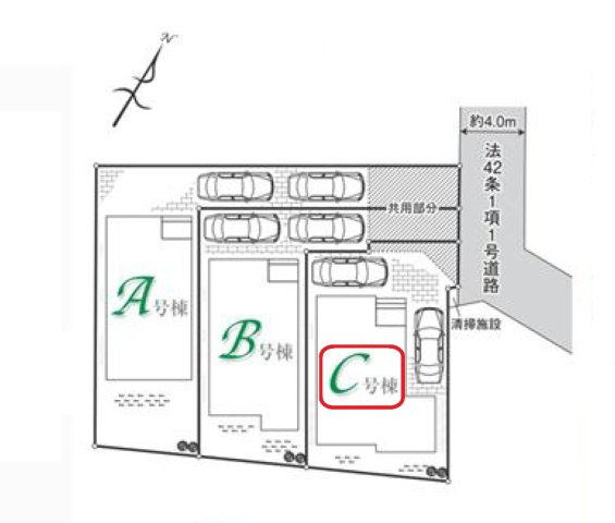 入間市小谷田1丁目・全3棟　新築一戸建　C号棟の区画図|【全3棟・C号棟】カースペース2台分。