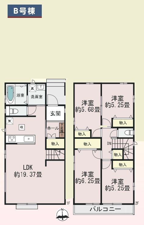 所沢市中新井3丁目・全2棟　新築一戸建　B号棟の間取り|【全2棟・B号棟】
リビング階段LDK19.3帖、室内に明るい日差しが差し込む全室2面採光の4LDK。