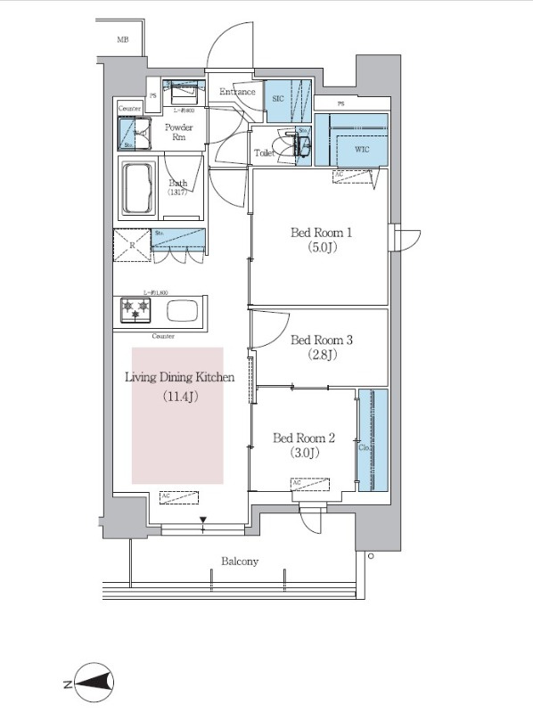 Urbanex新御徒町駅前の間取り|インターネット無料、リビングに床暖房・エアコン・照明付き、カウンターキッチン、ウォークインクローゼット、シューズインクローゼット