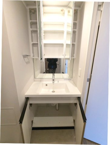 Urbanex新御徒町駅前の設備|トイレと独立した洗面室、三面鏡付ハンドシャワー付、鏡の後ろも収納です