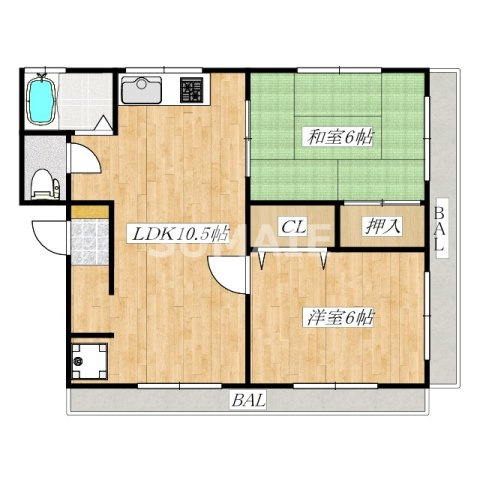 コーポ泉の間取り|１フロア２世帯、３面採光の振り分けタイプです。