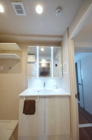 ハイツ西翠苑の洗面所|清潔感あふれるシャワー付洗面台と洗面室。収納棚もある余裕のスペース。