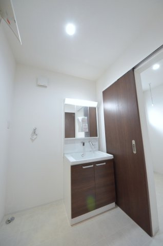 対厳山二丁目の独立洗面台|清潔感あふれるシャワー付洗面台と洗面室。余裕のスペース。