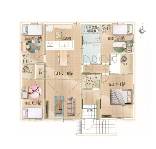 筑紫野市牛島第1-1棟（1号棟）　の間取り|全居室収納付きで便利です。