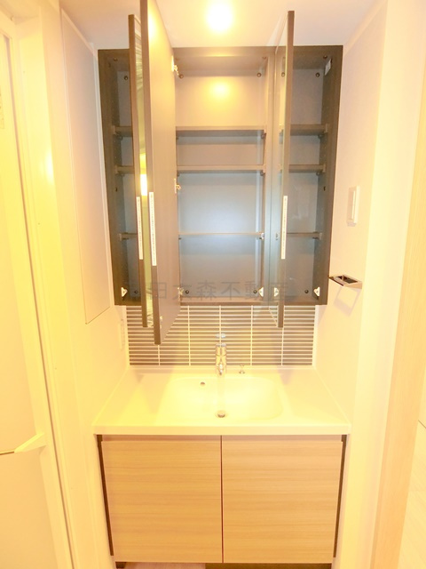 スタイリオ池上SOUTHの洗面所|洗面脱衣所　3面鏡の独立洗面台　鏡の中収納スペース