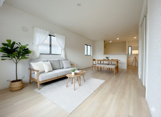 三郷市高州2丁目　新築戸建　全1棟の居間・リビング|現況の物件写真にCGによる画像処理を行っています。家具、家電、小物、カーテン等はイメージはCGです。