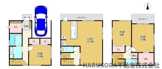 四條畷市江瀬美町　３階建の間取り