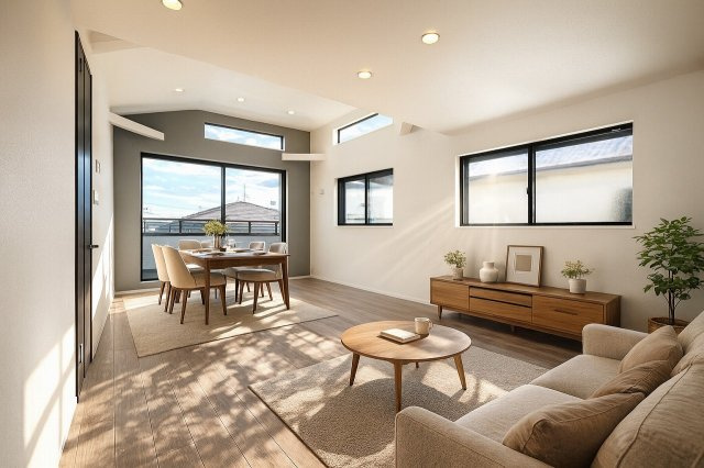 練馬区桜台5丁目　高品質×高機能　吹抜け18帖LDK　角地含む全2棟の居間・リビング|※配置の家具や小物はCGによるイメージです。