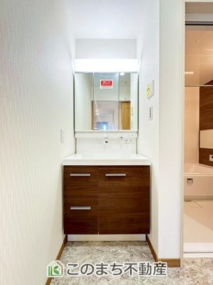 【独立洗面台】 | 宇都宮市富士見町モデルハウス | 収納豊富な3面鏡の洗面台にはハンドシャワー完備です
