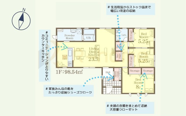 常陸太田市馬場町3期　新築戸建て　2号棟の間取り|3LDK＋SC、土地面積369.73ｍ2、建物面積98.54m2
