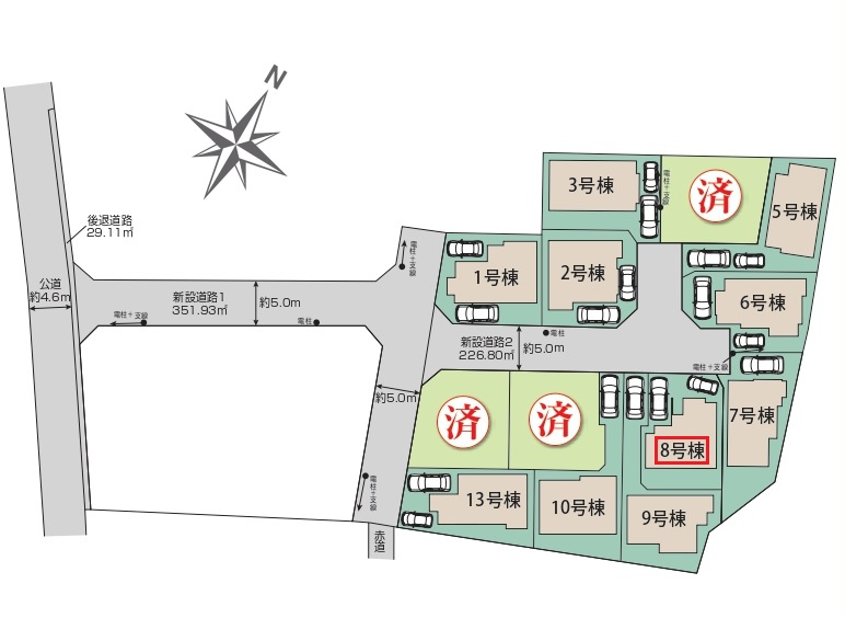 東村山市野口町2丁目・全13棟　新築一戸建　8号棟の区画図|【全13棟・8号棟】
駐車2台可能です(車種制限あり)