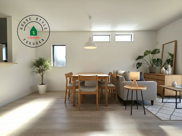 糟屋郡新宮町緑ヶ浜２丁目第1-2棟（2号棟）の内観：施工例|明るく開放的なリビングダイニングは豊かな陽光が注ぎ込み、やすらぎの空間を演出してくれます。ご家族で楽しいひとときをお過ごし下さい。※家具はCGを合成したものです。