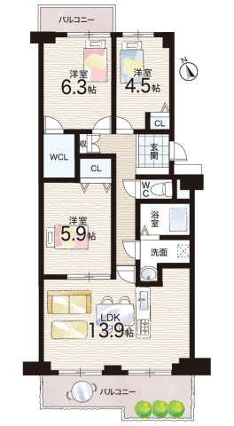 寝屋川東ファミリータウン北１番館の間取り|3LDｋ　ウォークインクローゼットあり、収納豊富♪