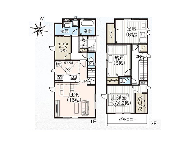 【間取り】 | 富士見市山室2丁目　新築一戸建住宅　全2棟　(ふじみ野店) | 7.12帖のゆとりある主寝室にはWICを完備。
ご家族とのコミュニケーションが取りやすいリビング階段を採用しています。