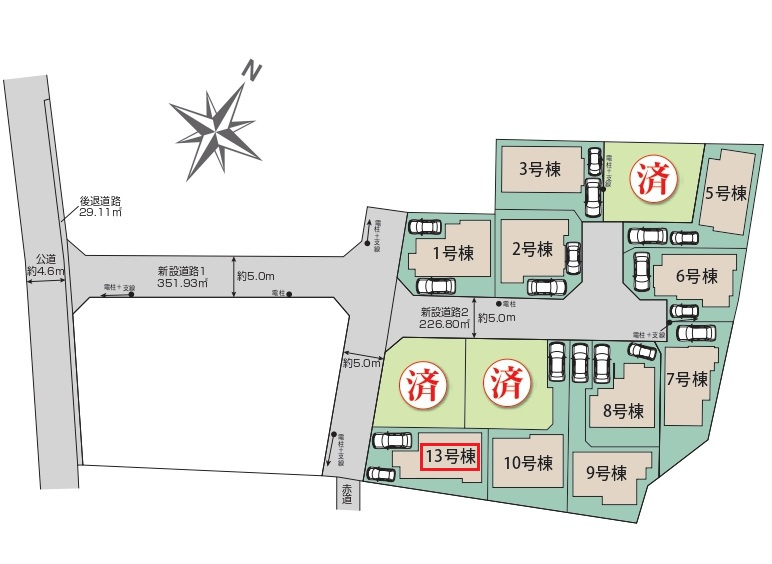東村山市野口町2丁目・全13棟　新築一戸建　13号棟の区画図|【全13棟・13号棟】
駐車2台可能です。(車種制限あり)