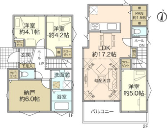 約17.2帖の開放感のある2階LDKの間取り。リビング上部は開放感のある勾配天井。キッチン隣には両サイドに可動棚を施した約1.5帖のパントリーを配置。奥行きのあるワイドバルコニーも魅力です。